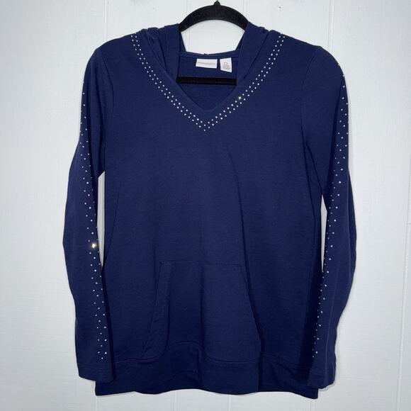 Chico’s Weekends Women’s Rhinestone Embellished Hoodie Navy Blue Size 0 Small - Picture 1 of 5